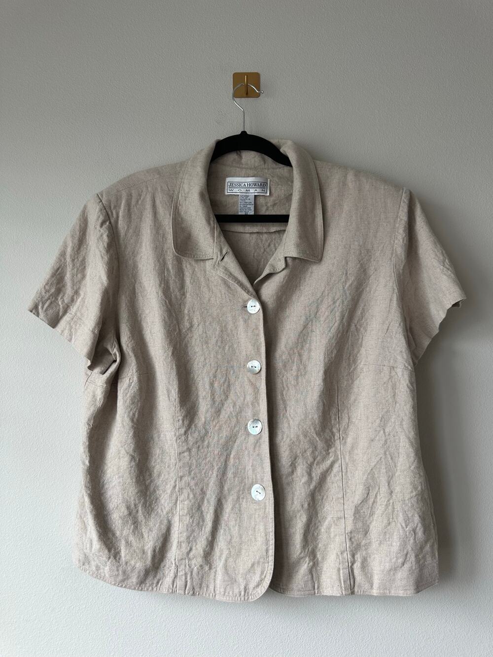 Vintage 90s Plus Size Oatmeal Linen Blend Button Up Top Coastal Minimalist 22